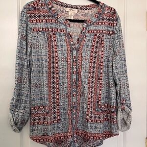 Style & Co Women's boho blue red print blouse sz L